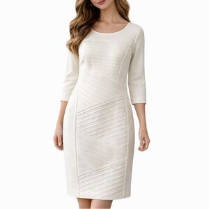 WHBM Pintuck Ponte 3/4 Sleeve Boatneck Dress, Ecru, 00P